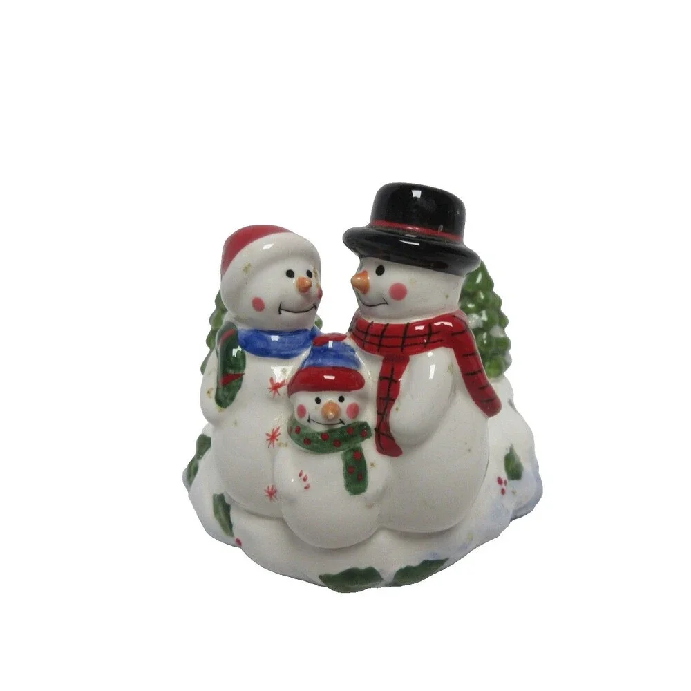 NEW HOME INTERIORS 2 PIECE SNOWMAN DECORATIVE CANDLE JAR TOPPER & BASE HOLDER